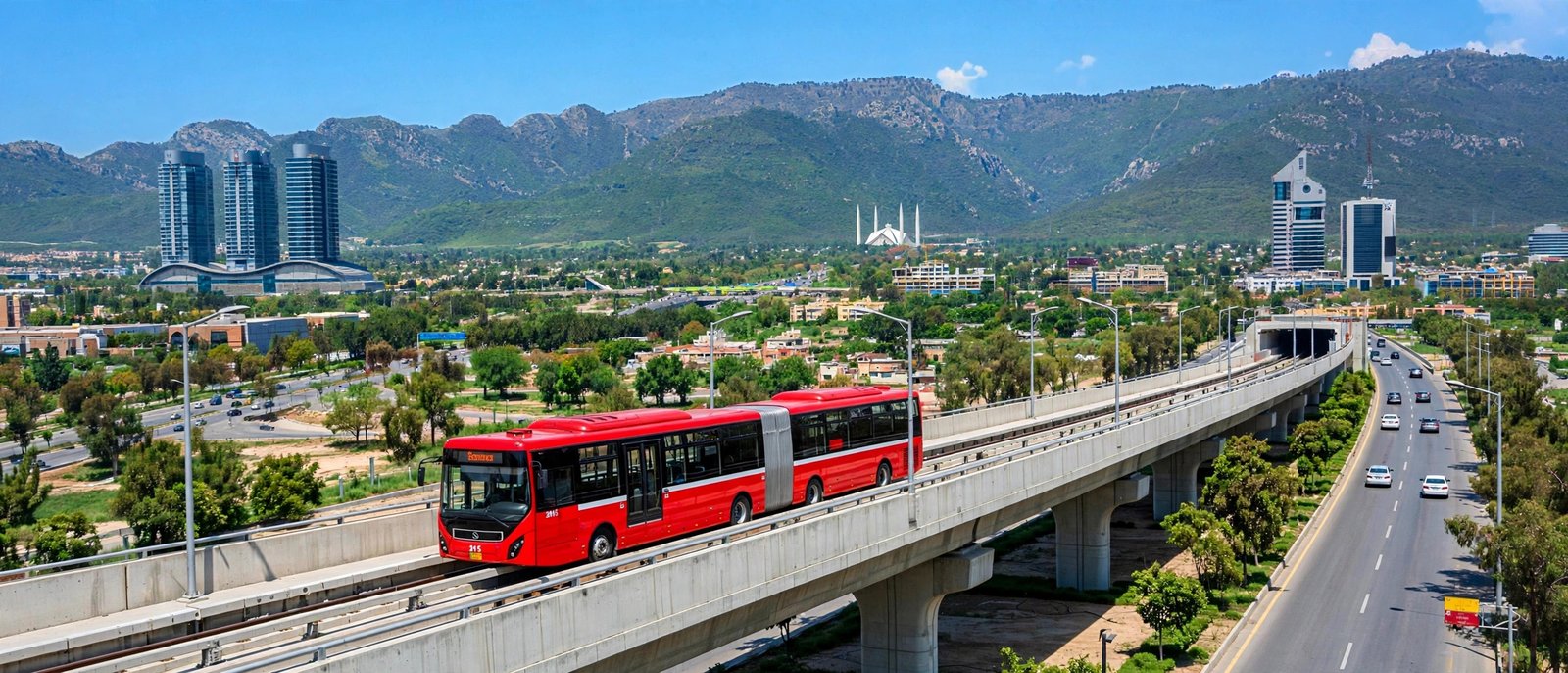 Red metro bus on elevated track in Islamabad with Margalla Hills in the background