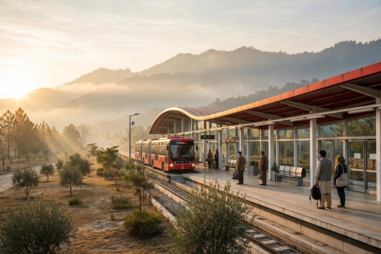 Islamabad metro station at sunrise with a red metro bus arriving at the platform