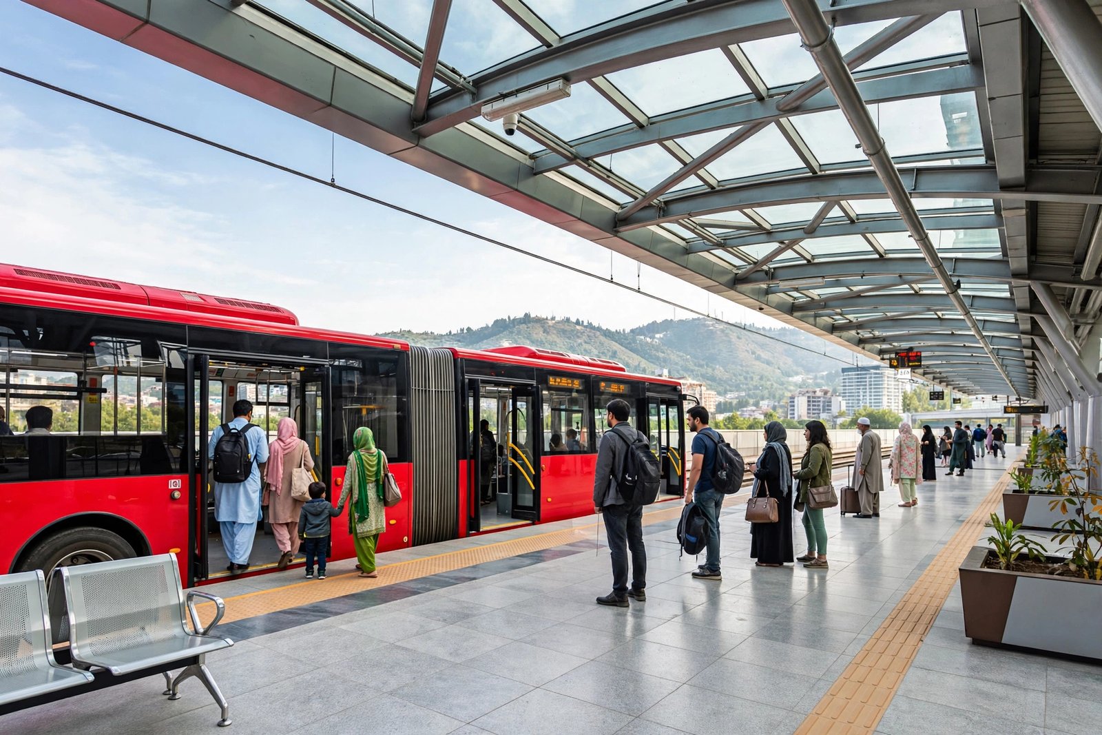 Red metro bus at a station platform in Islamabad with passengers boarding