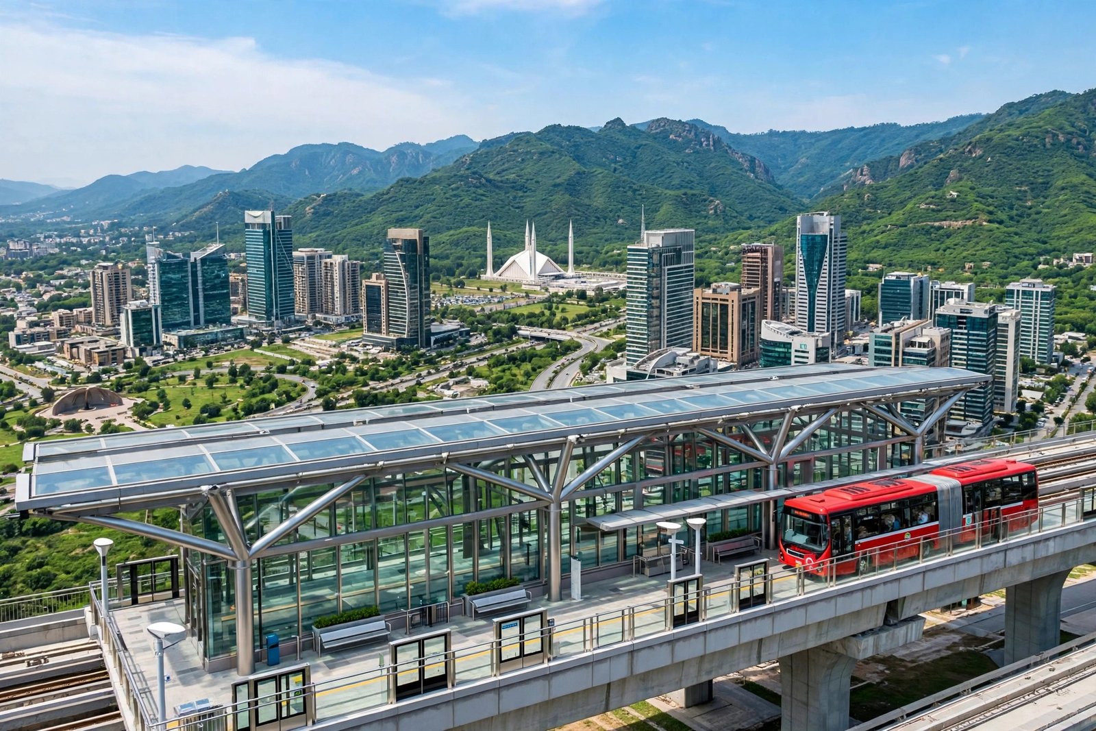 Elevated metro station in Islamabad with red bus arriving, city skyline in background