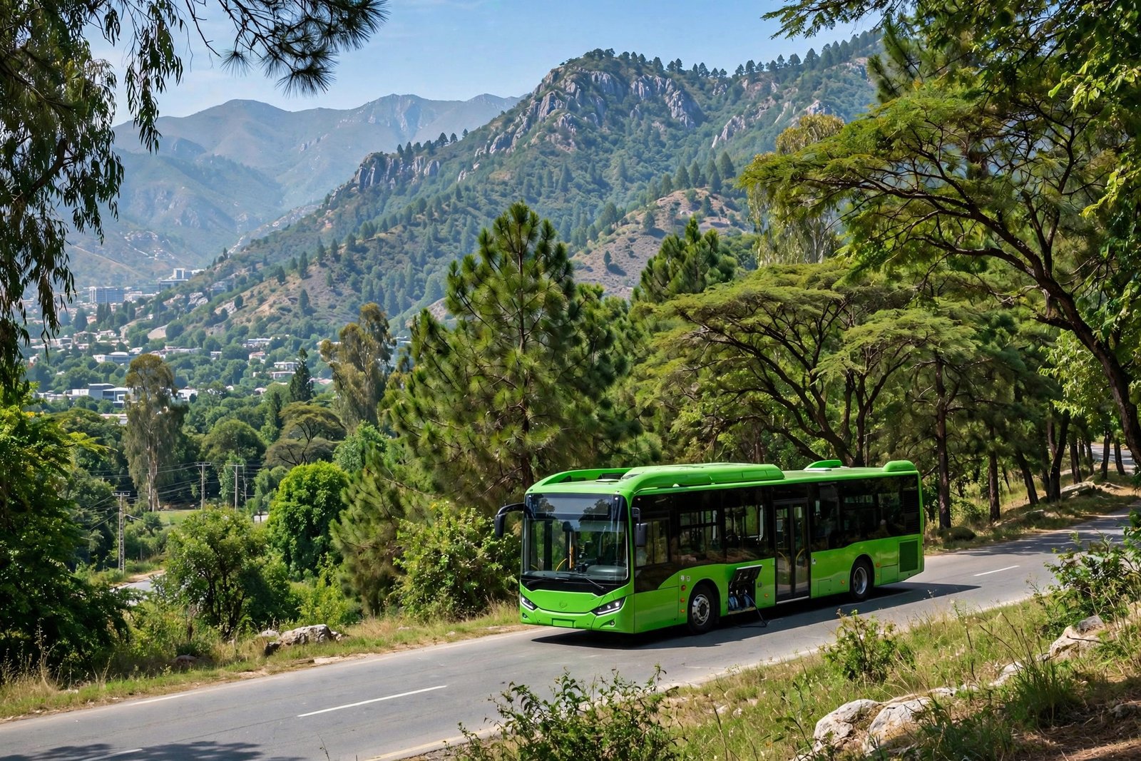Green electric bus on a tree-lined road in Islamabad with Margalla Hills in the background