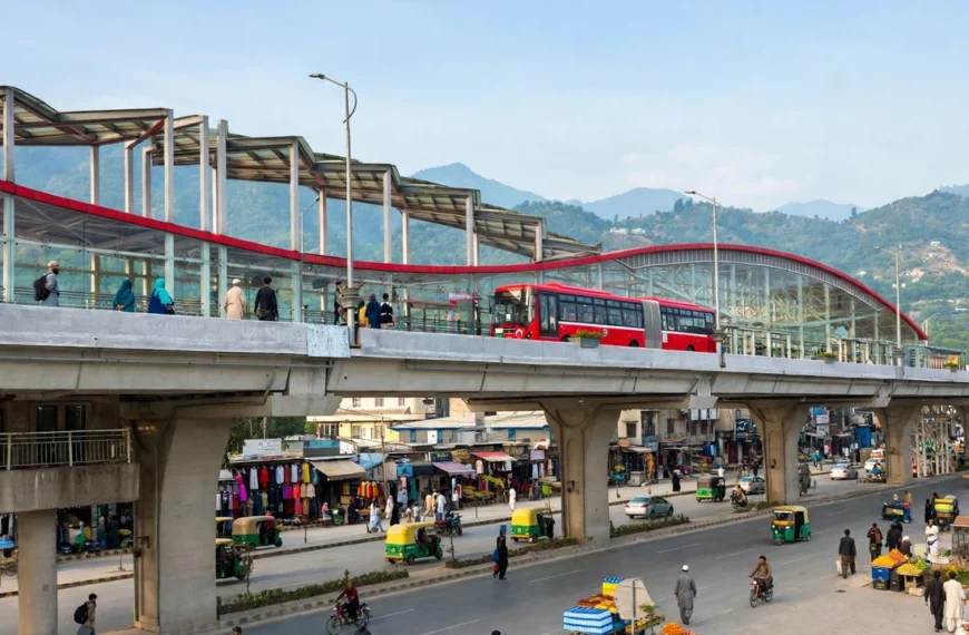 Red metro bus at an elevated metro station on Murree Road Rawalpindi