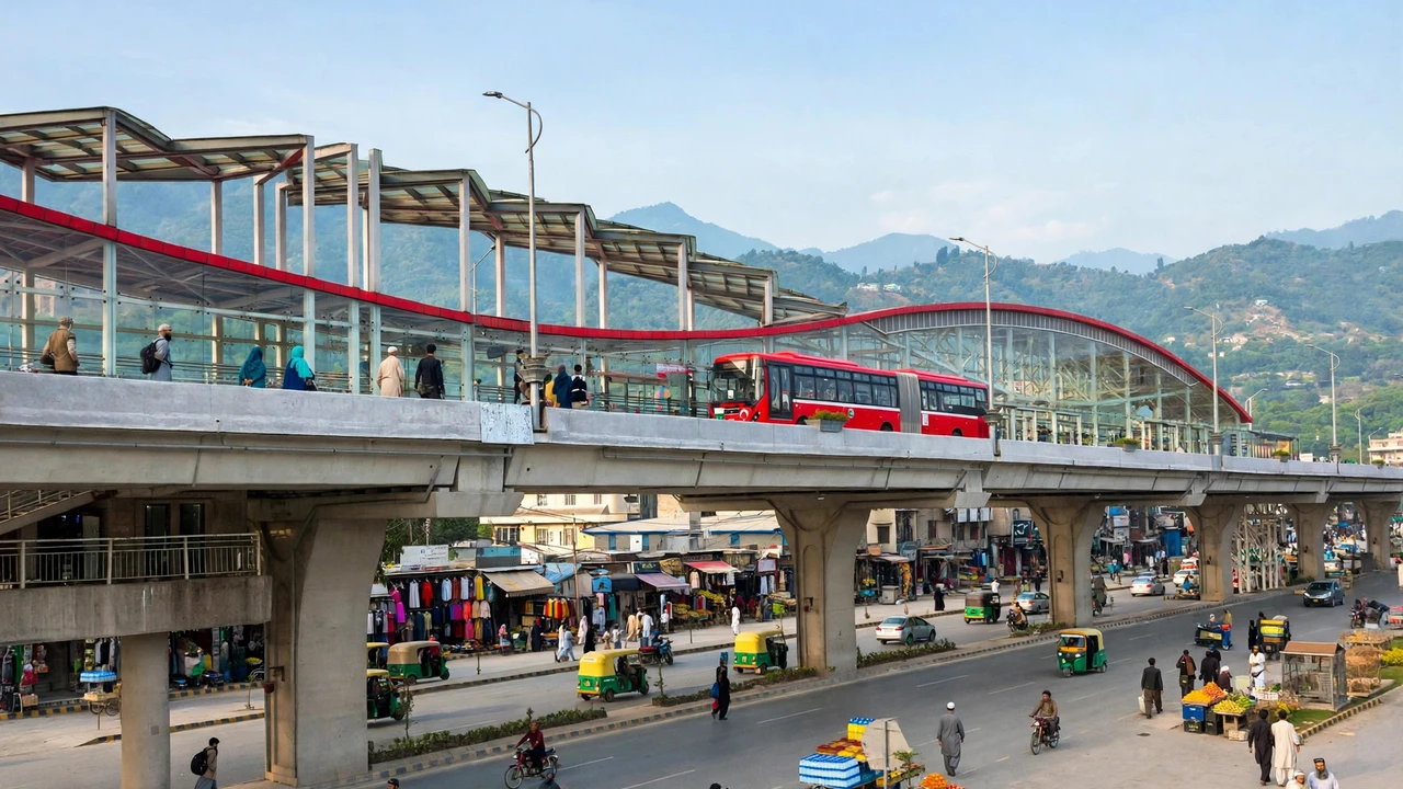 Red metro bus at an elevated metro station on Murree Road Rawalpindi