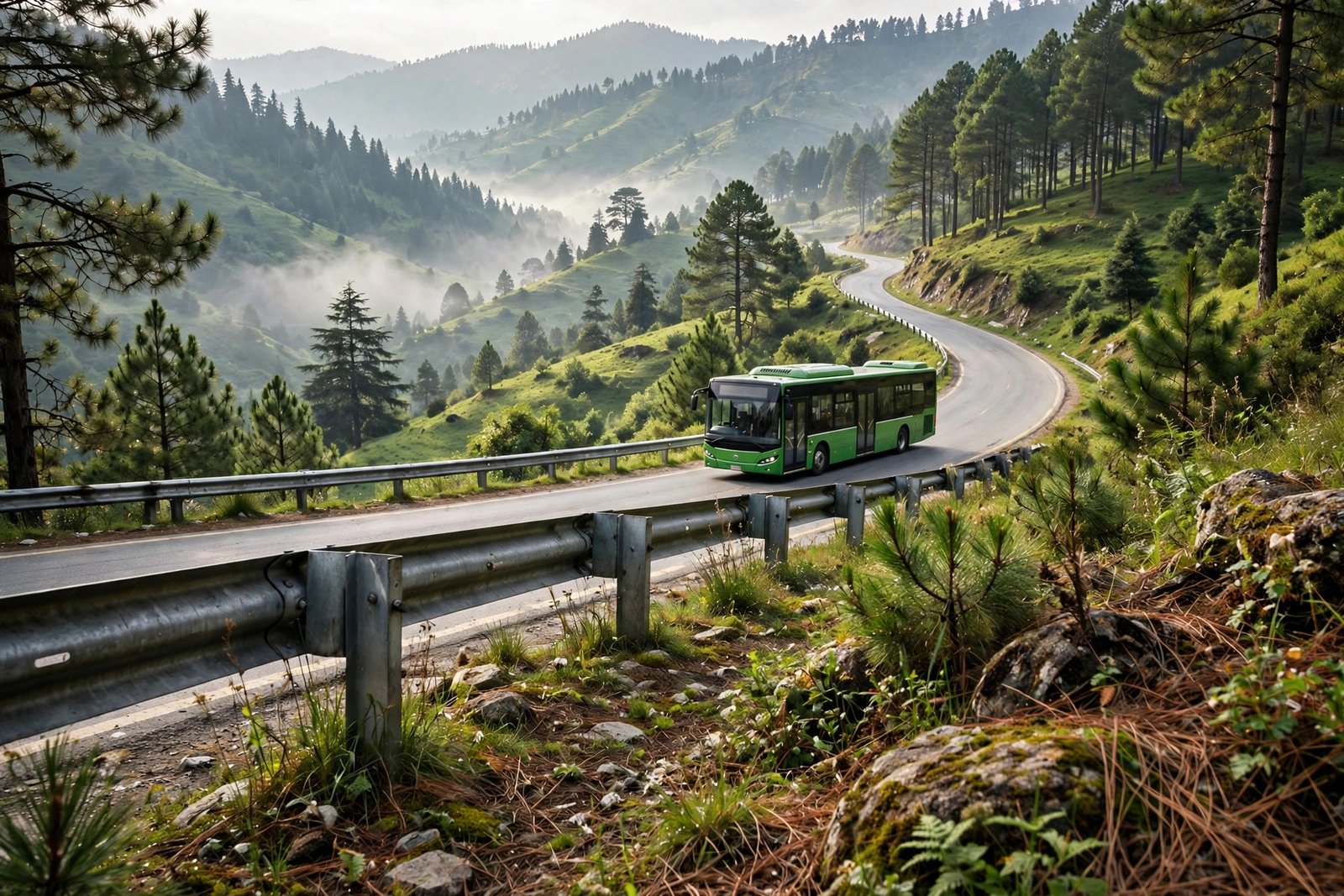 Green electric bus on the mountain road from Bhara Kahu to Murree
