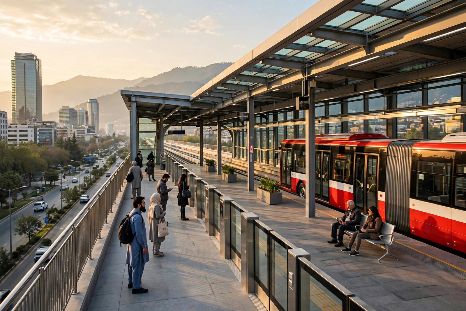Red Line metro station on Jinnah Avenue near Blue Area Islamabad with metro bus and Margalla Hills
