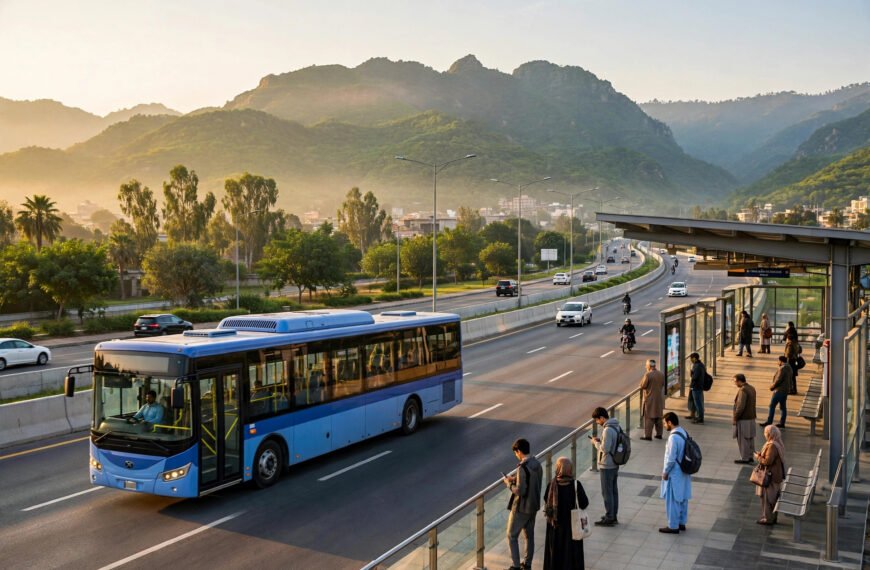Blue Line metro bus at a station on the Islamabad Expressway, Islamabad