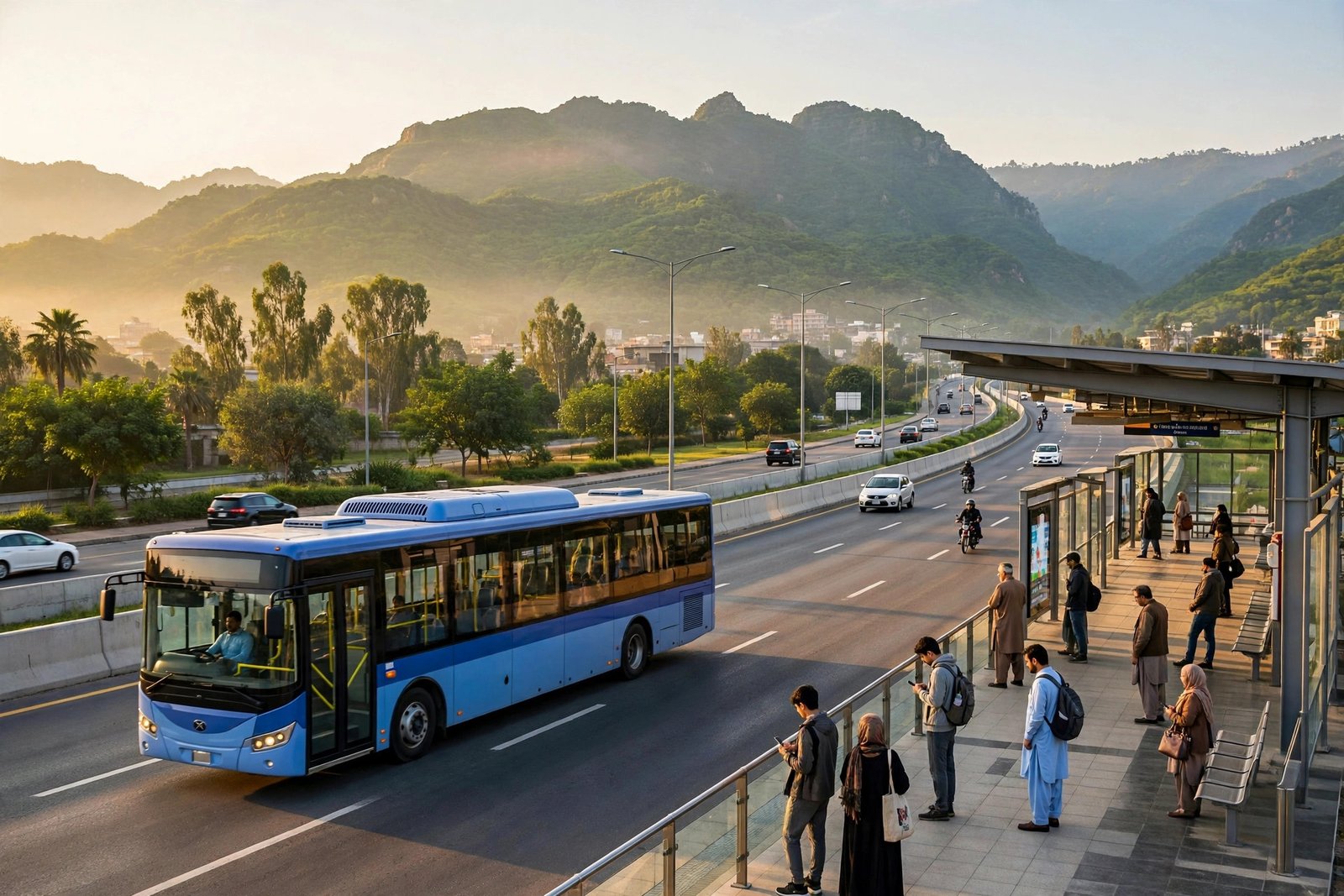 Blue Line metro bus at a station on the Islamabad Expressway, Islamabad