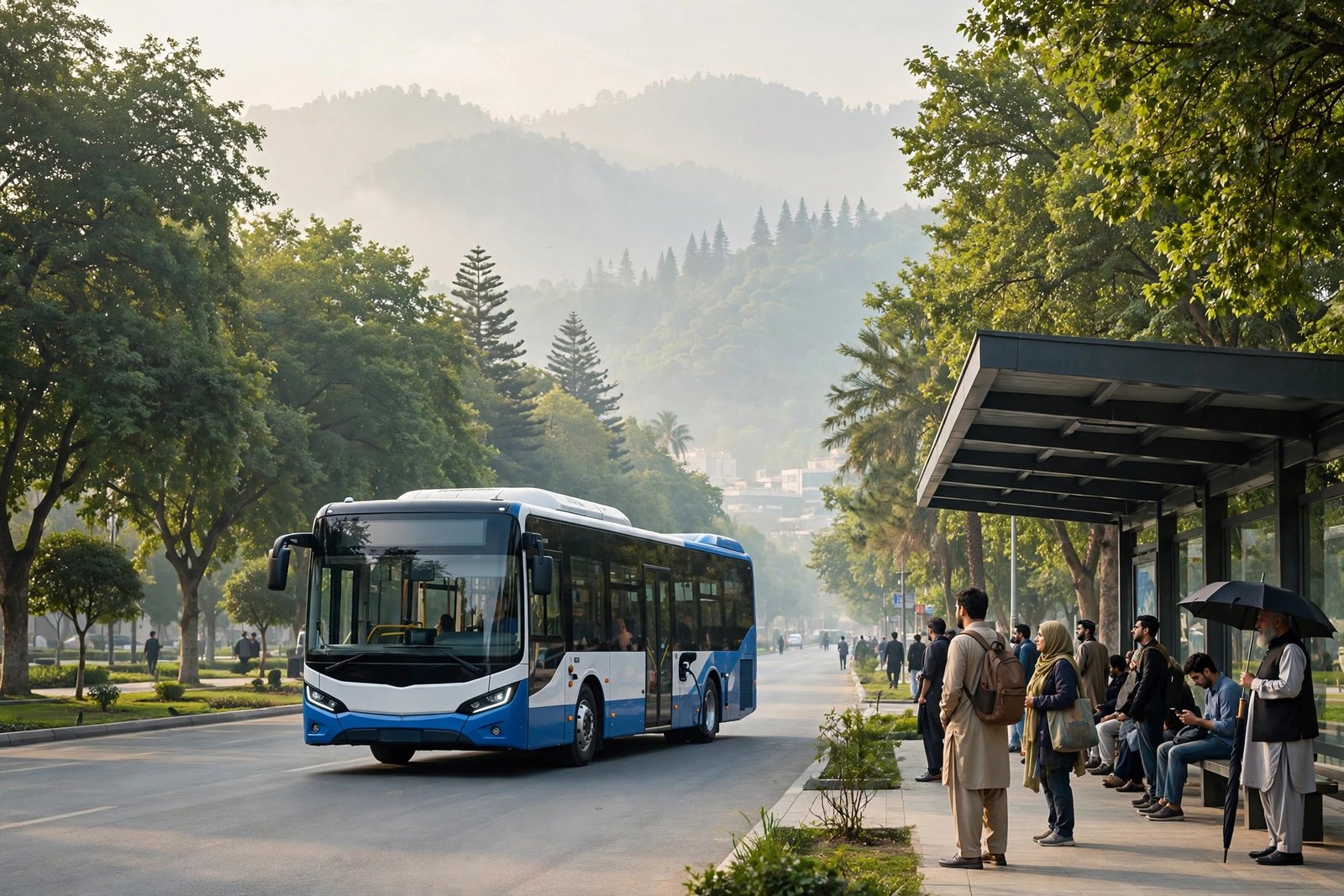 Blue Line electric bus on the Blue Bus Route Islamabad at a metro station near Margalla Hills