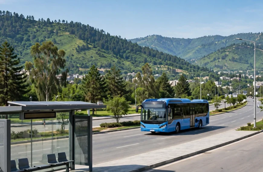 Blue electric metro bus at a modern bus stop in Islamabad with Margalla Hills in the background