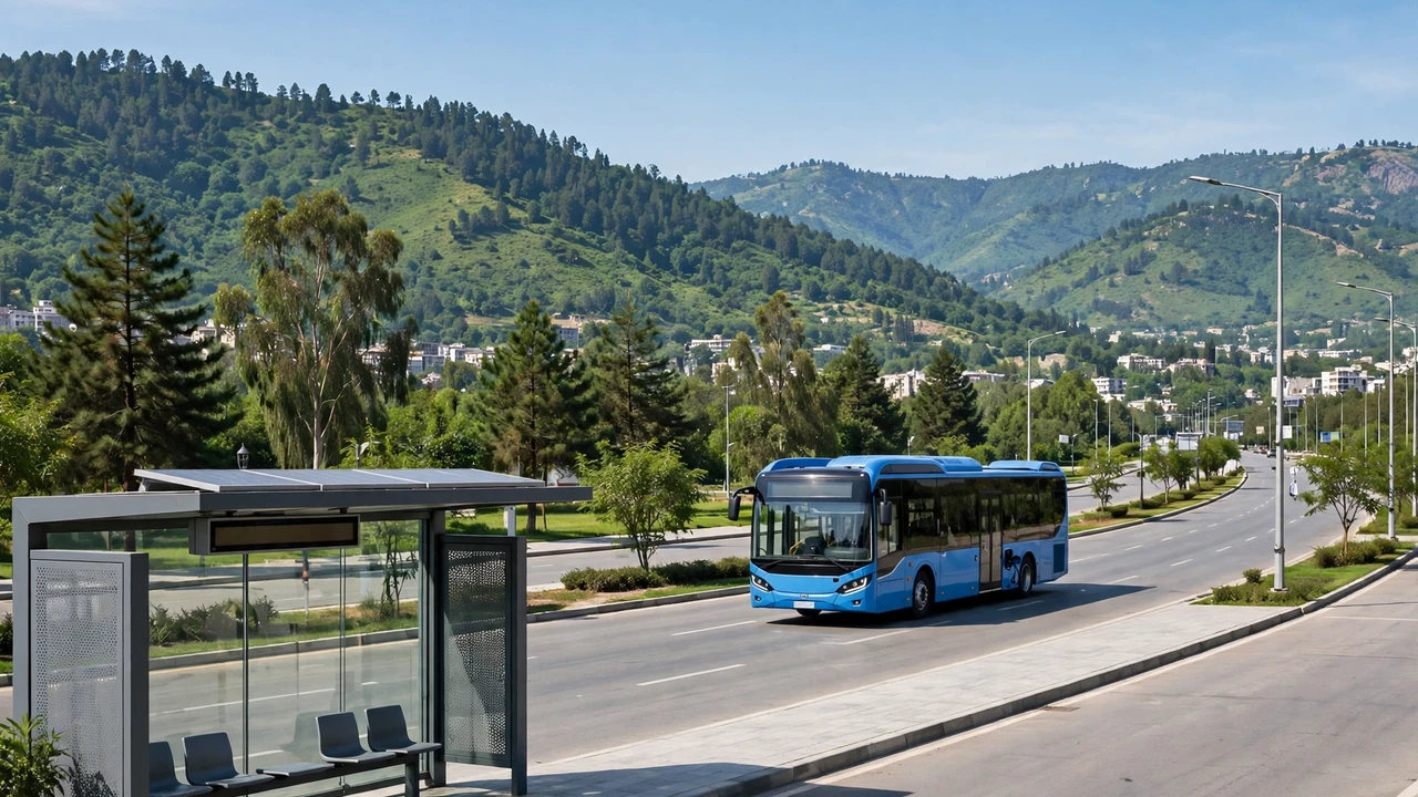 Blue electric metro bus at a modern bus stop in Islamabad with Margalla Hills in the background