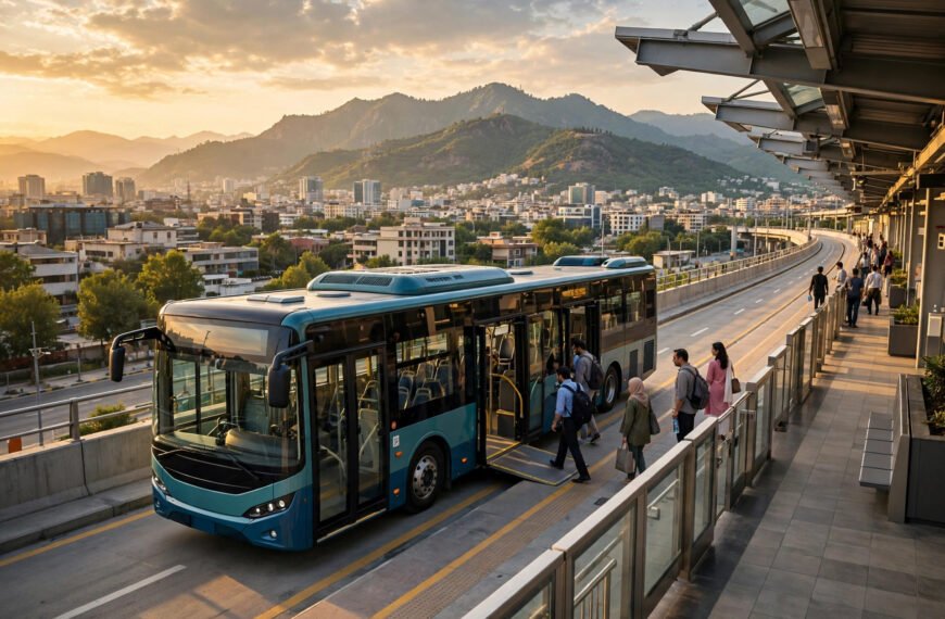 Electric CDA metro bus boarding commuters at an Islamabad station with Margalla Hills in the background.
