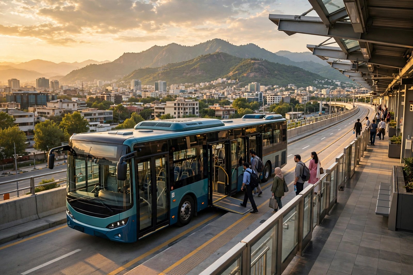 Electric CDA metro bus boarding commuters at an Islamabad station with Margalla Hills in the background.