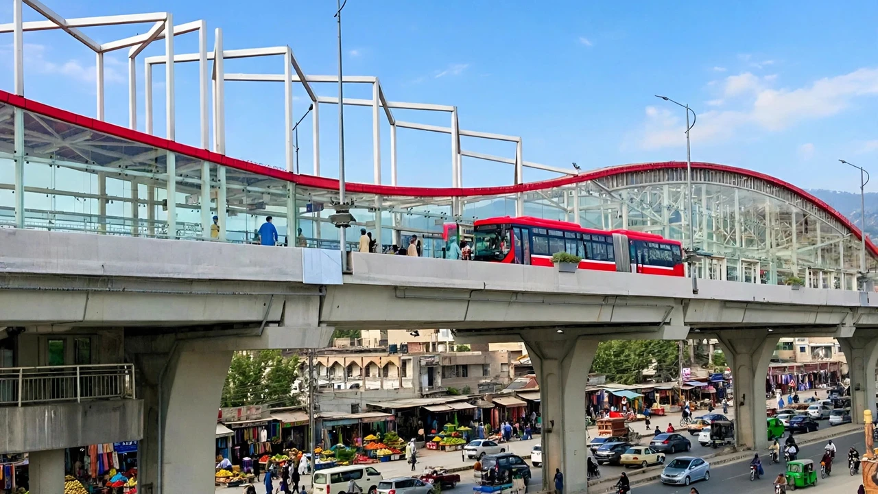 Chandni Chowk Metro Station Rawalpindi - red metro bus at elevated station on Murree Road