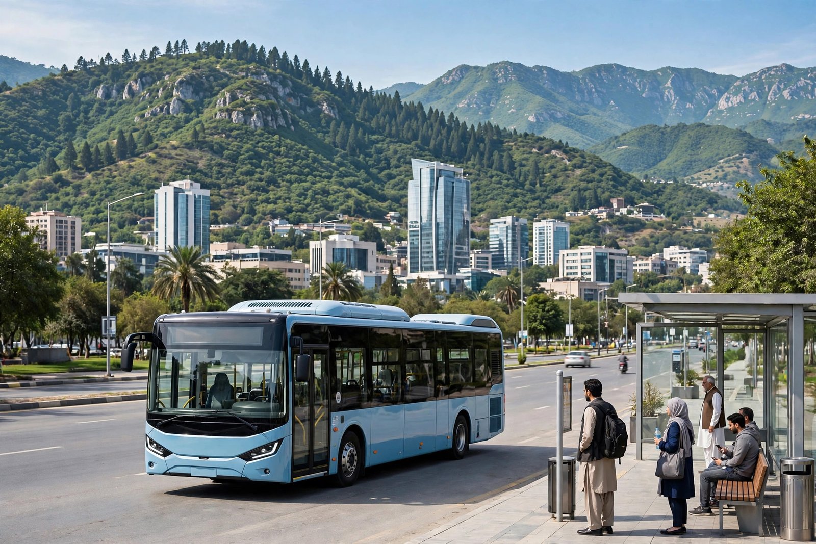 Electric bus in Islamabad on the road with Margalla Hills and a bus stop in the background