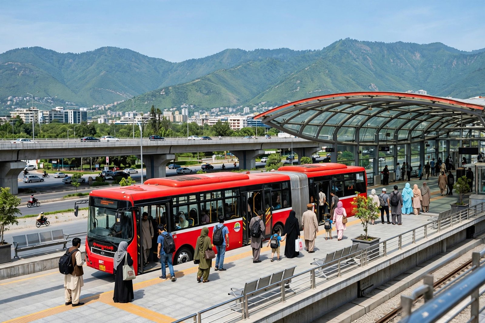 Red metro bus at Faizabad metro station platform with Margalla Hills in the background