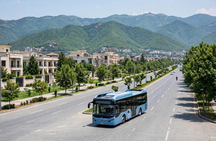 FR-06 electric bus on an Islamabad avenue with the Margalla Hills in the background