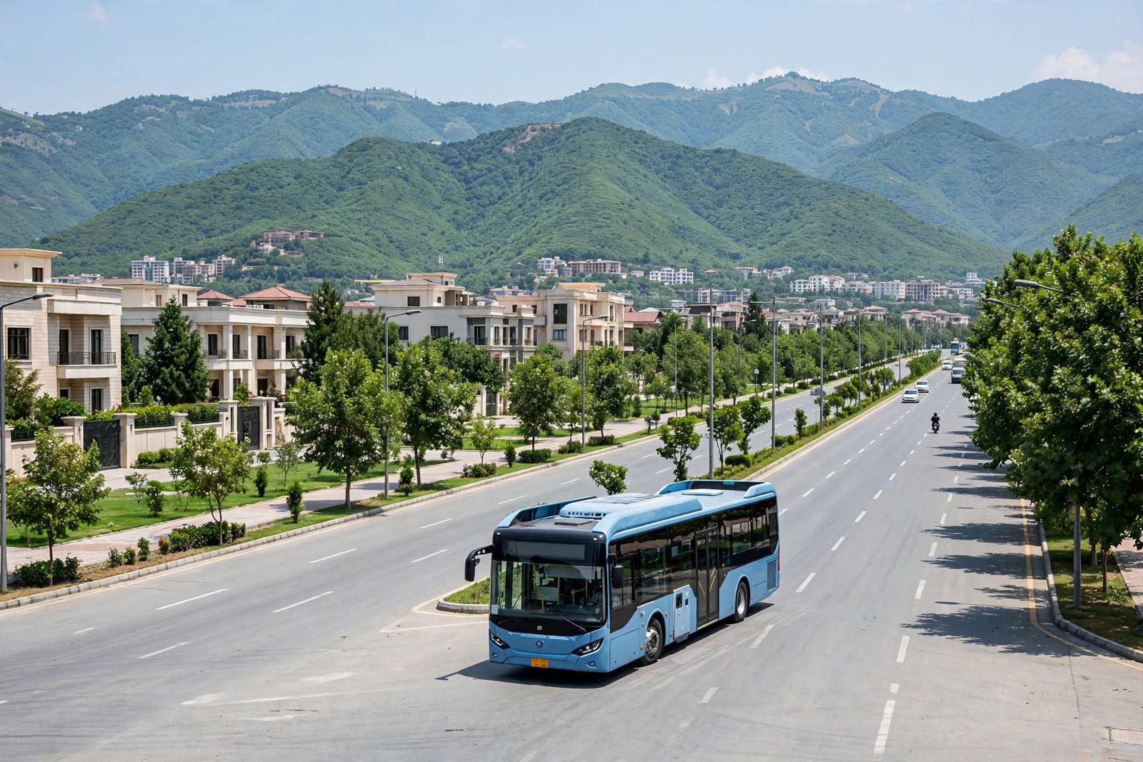 FR-06 electric bus on an Islamabad avenue with the Margalla Hills in the background