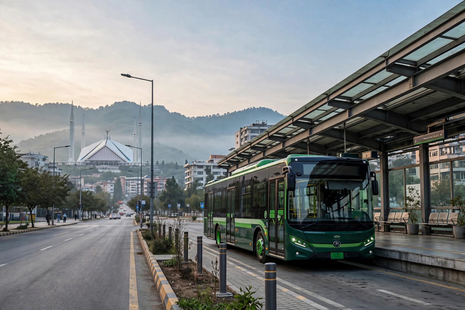 Green Line metro bus on the Islamabad Green Line route at sunrise