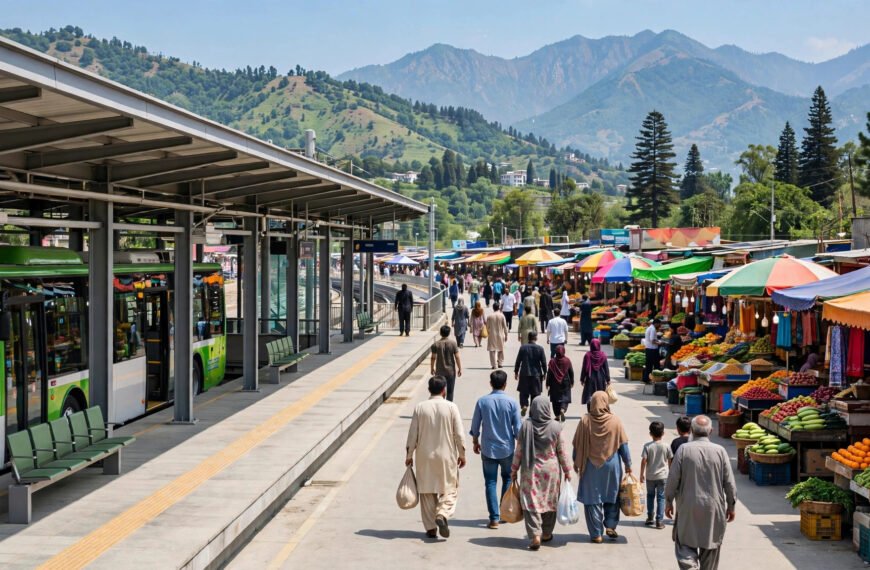 Metro bus station near H-9 Itwar Bazar Islamabad with Sunday market stalls