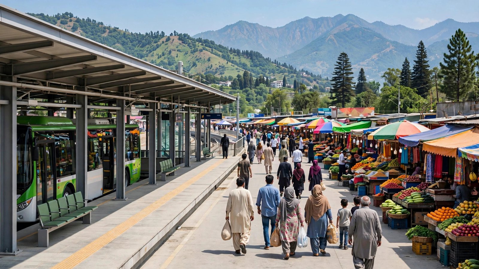 Metro bus station near H-9 Itwar Bazar Islamabad with Sunday market stalls