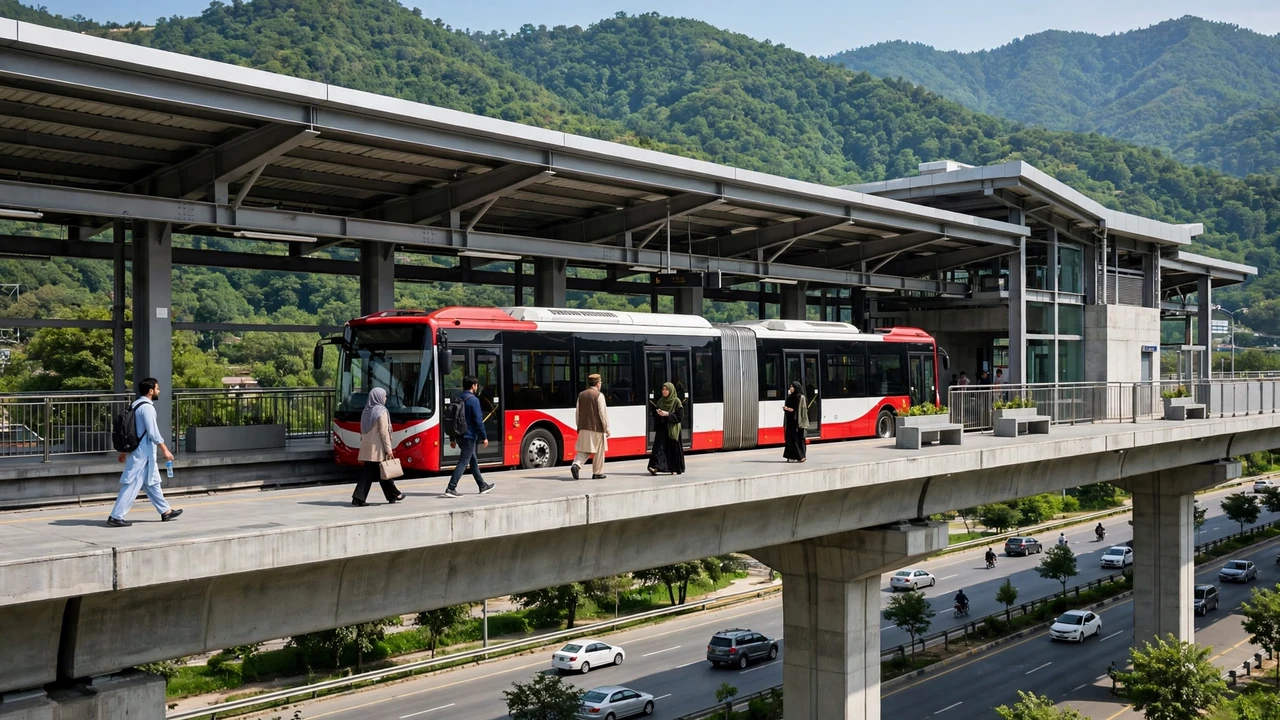 IJP Road Metro Station Islamabad Red Line metro bus at elevated station