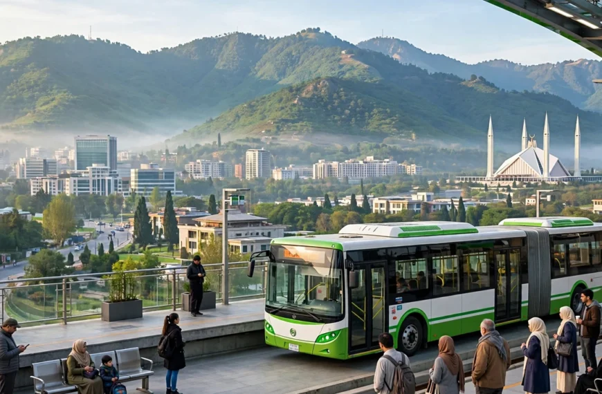 Metro bus at an Islamabad station in the morning with passengers waiting