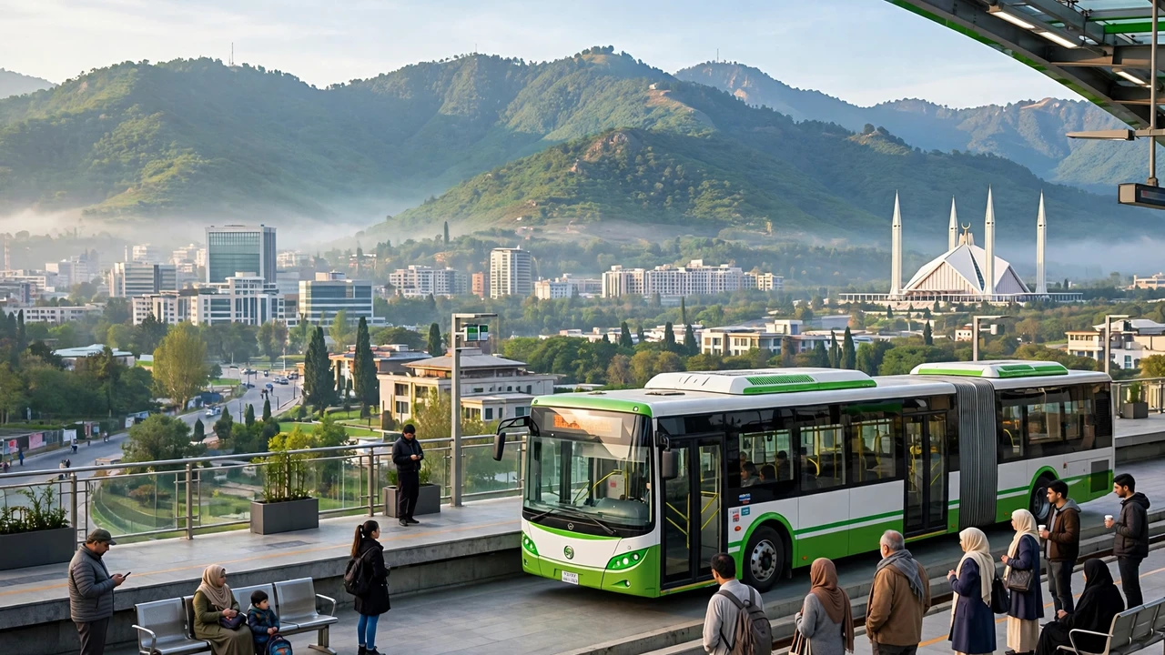 Metro bus at an Islamabad station in the morning with passengers waiting