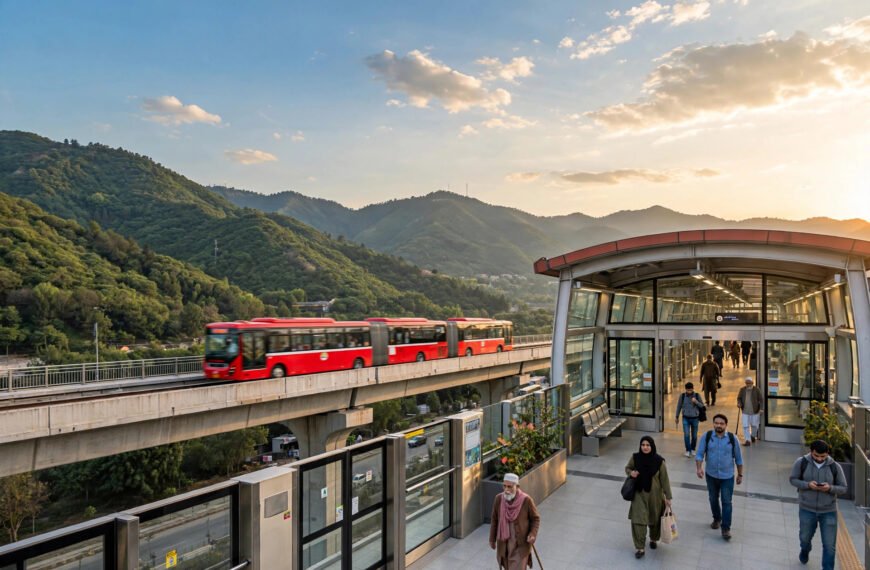 Islamabad metro bus at elevated station with Margalla Hills