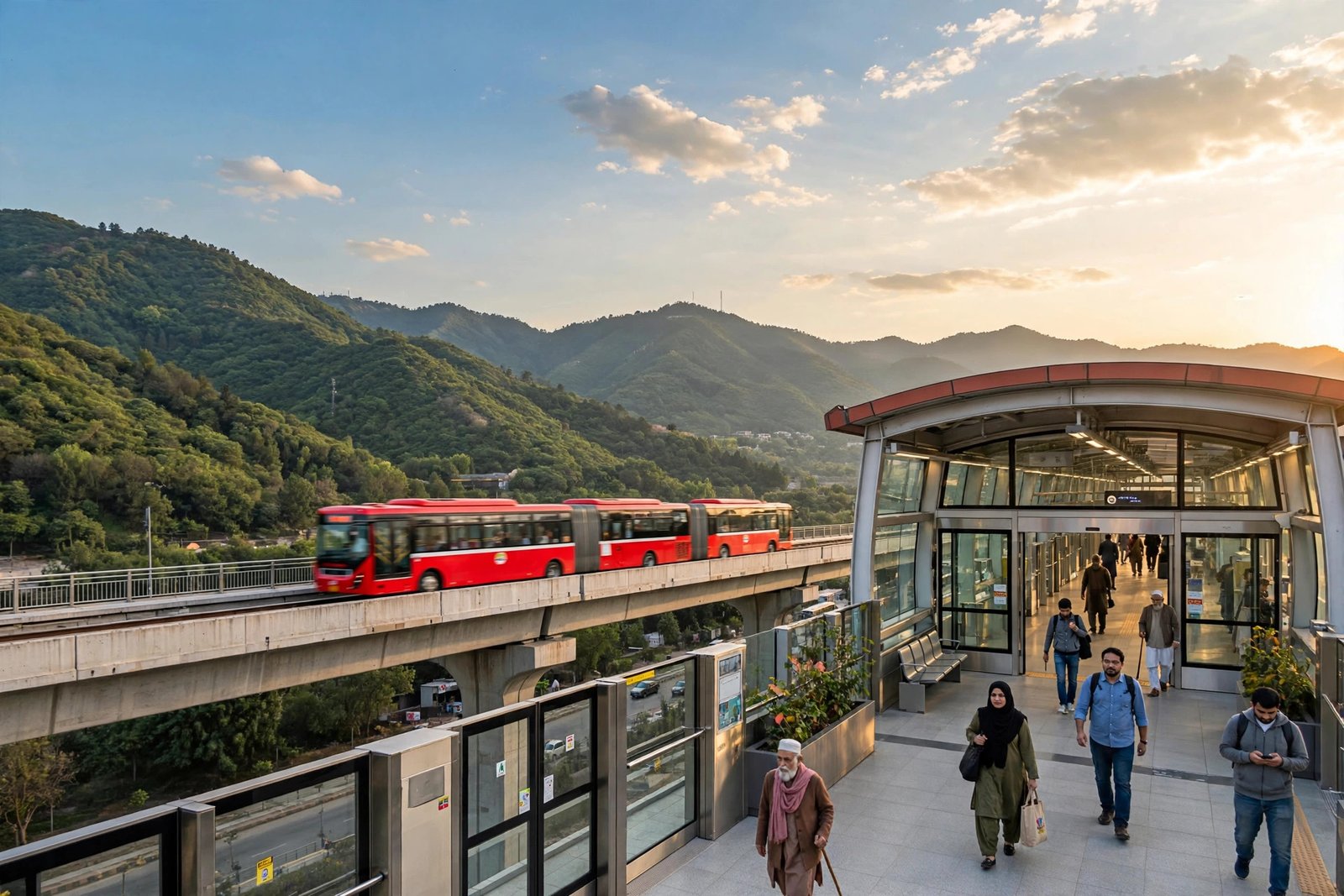 Islamabad metro bus at elevated station with Margalla Hills