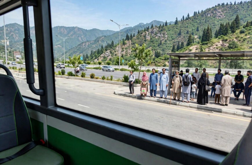 FR-15 electric bus passengers waiting at a bus stop on Islamabad Expressway with Margalla Hills in the background