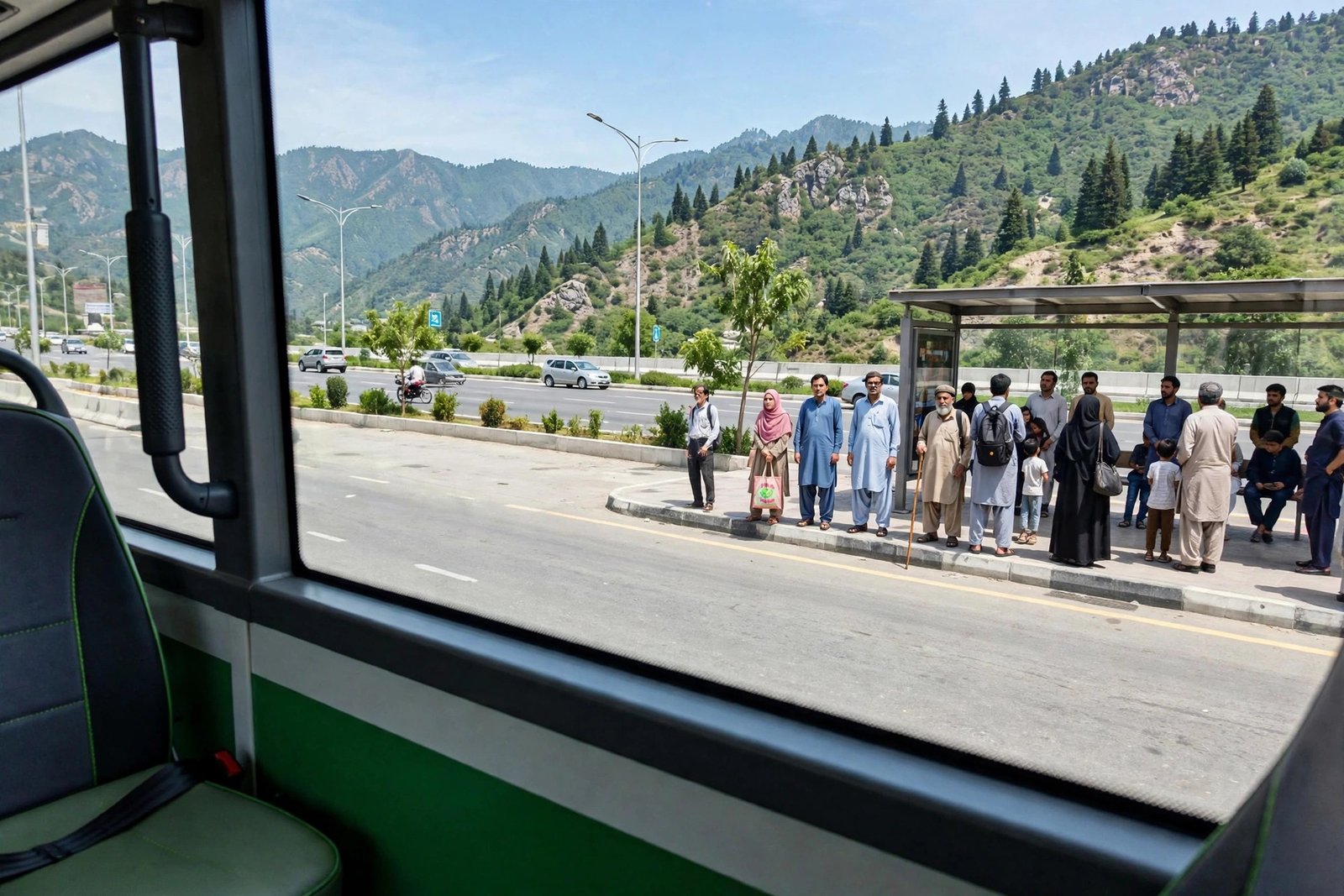 FR-15 electric bus passengers waiting at a bus stop on Islamabad Expressway with Margalla Hills in the background