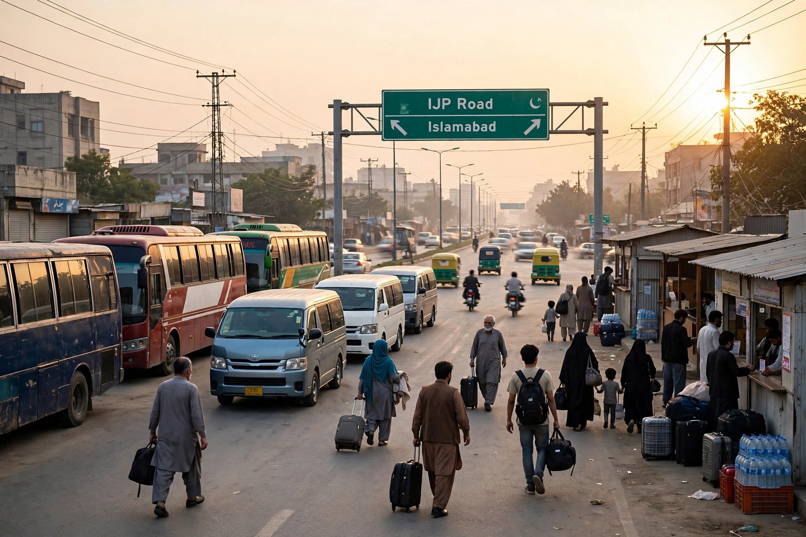Mandi Morr Bus Stand on IJP Road with parked buses, hiaces and passengers at golden hour