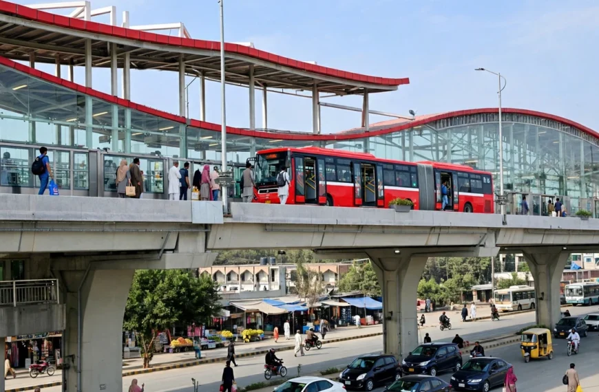 Marir Hassan Metro Station on Murree Road Rawalpindi with a red metro bus at the elevated station platform