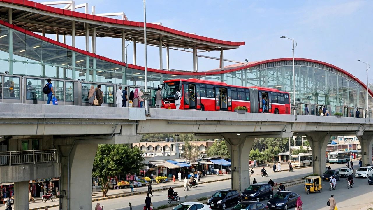 Marir Hassan Metro Station on Murree Road Rawalpindi with a red metro bus at the elevated station platform