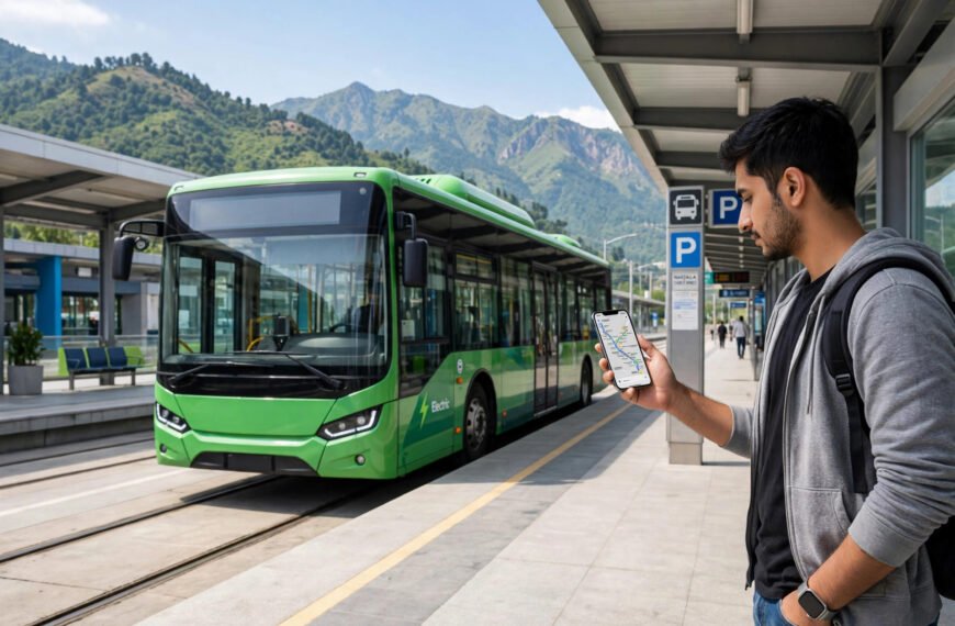 Commuter checking bus route on phone beside green Islamabad metro bus