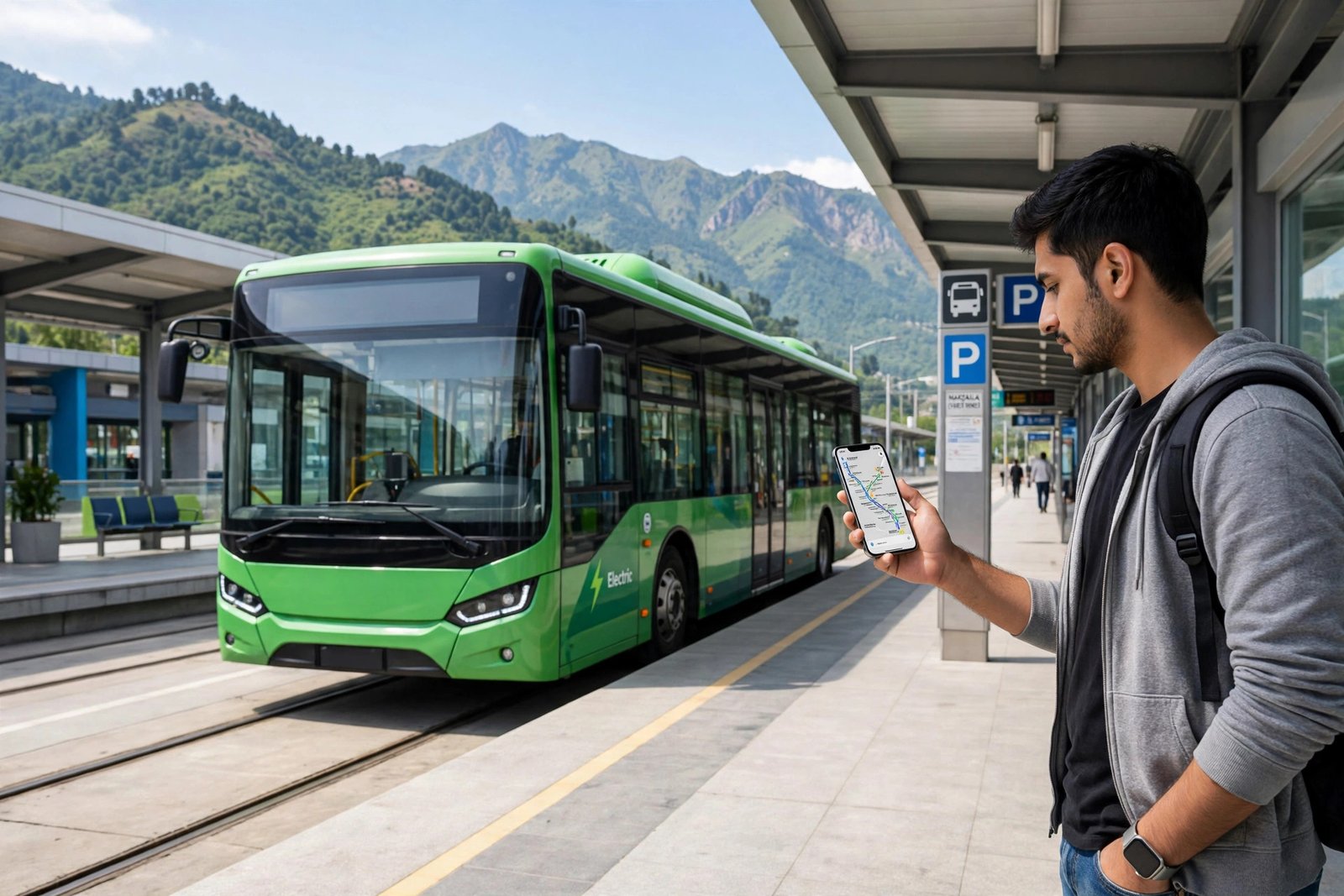 Commuter checking bus route on phone beside green Islamabad metro bus
