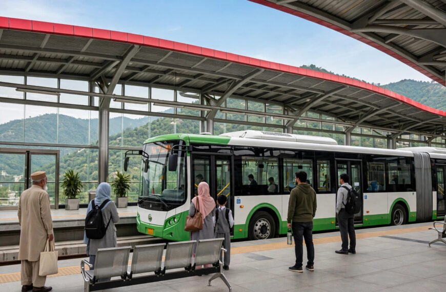 Metro bus at an Islamabad station platform with passengers waiting