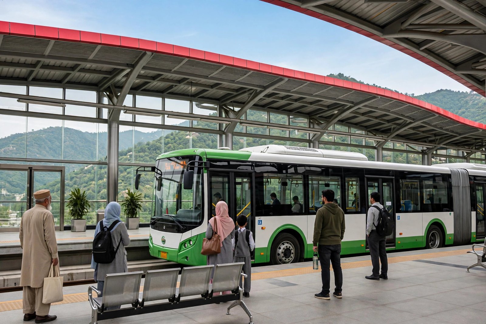 Metro bus at an Islamabad station platform with passengers waiting