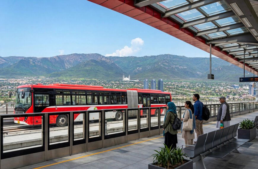 Islamabad metro bus at a station platform with the Margalla Hills in the background