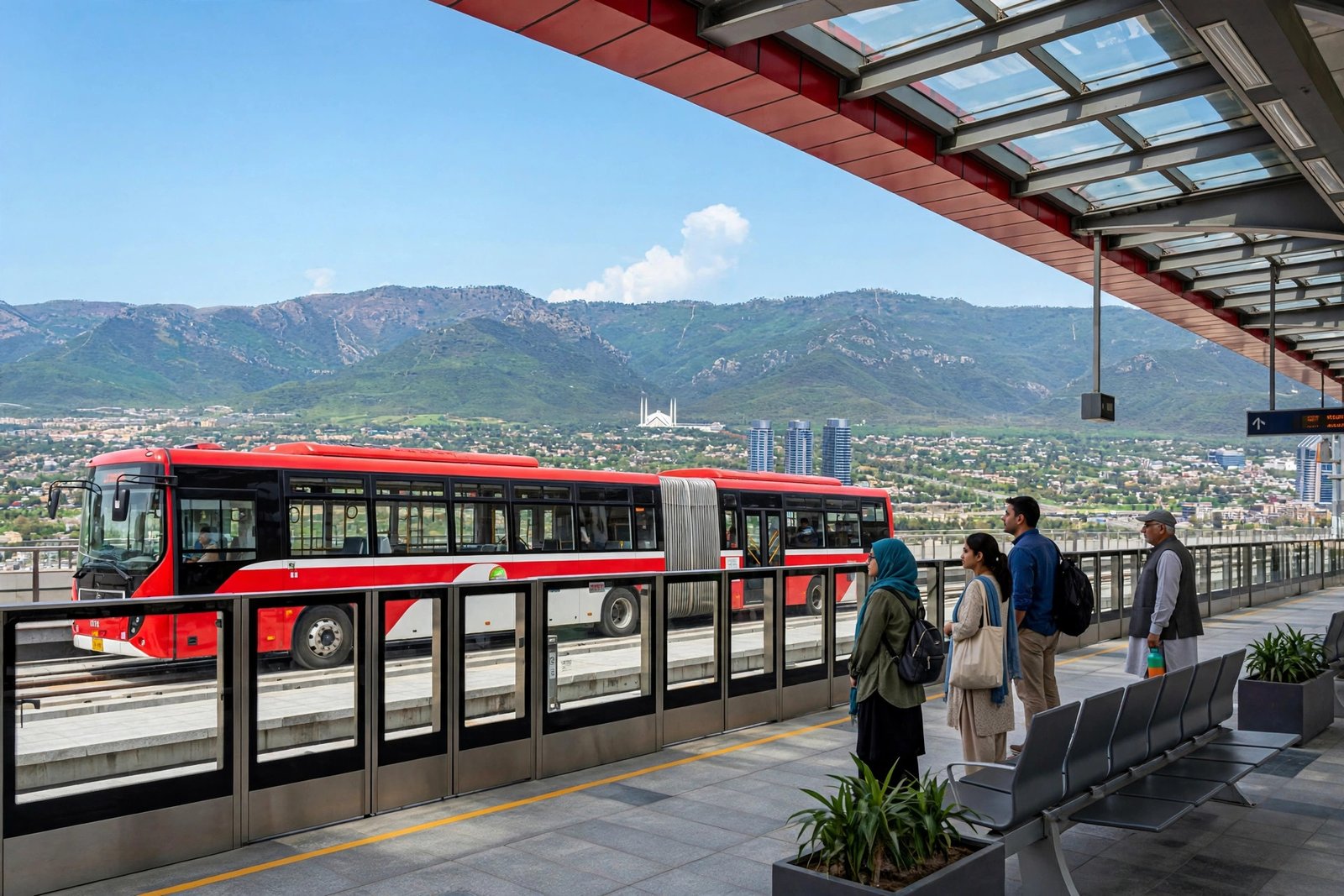 Islamabad metro bus at a station platform with the Margalla Hills in the background