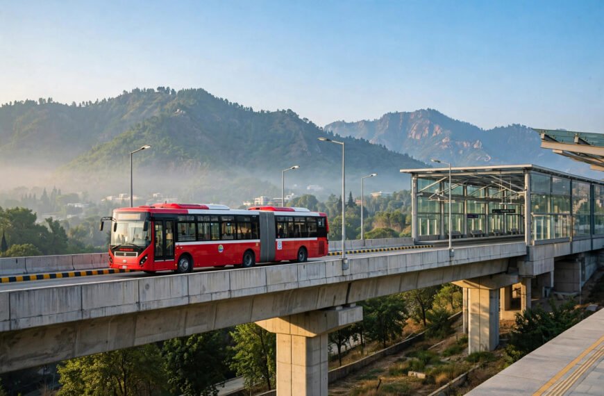Metro bus on elevated busway near Margalla Hills, Islamabad