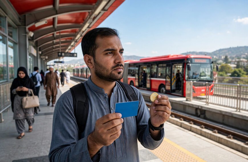 Commuter holding metro card and token at Islamabad metro station