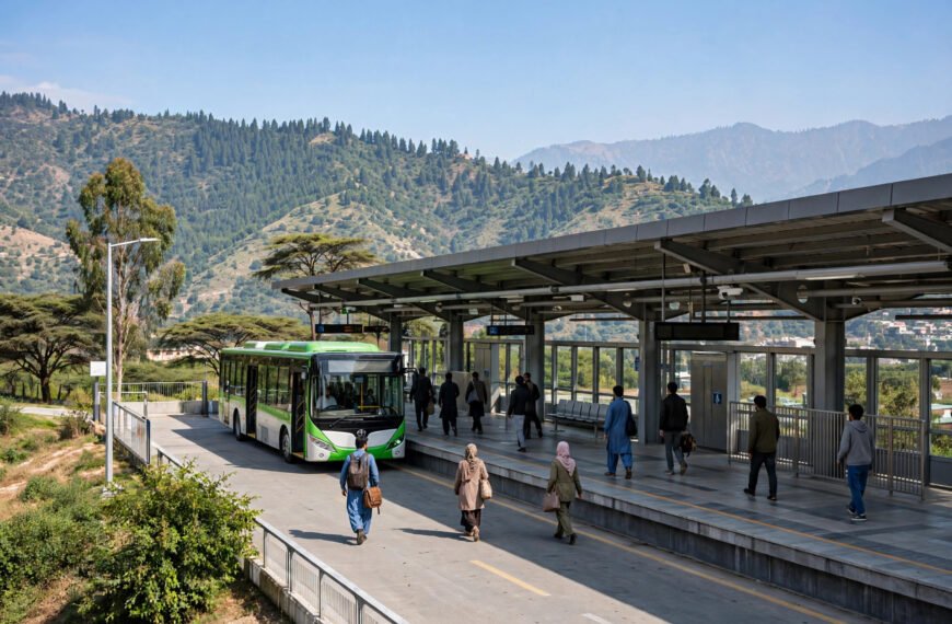 Metro bus at an Islamabad metro station with Margalla Hills in the background