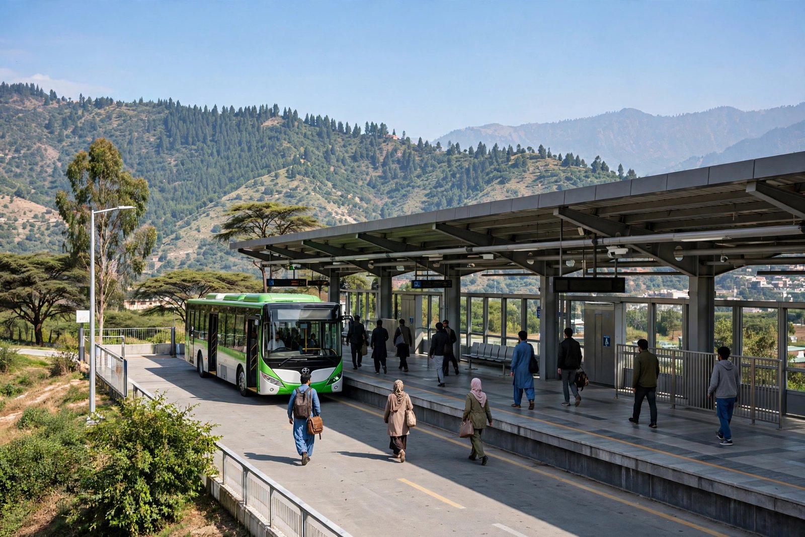 Metro bus at an Islamabad metro station with Margalla Hills in the background