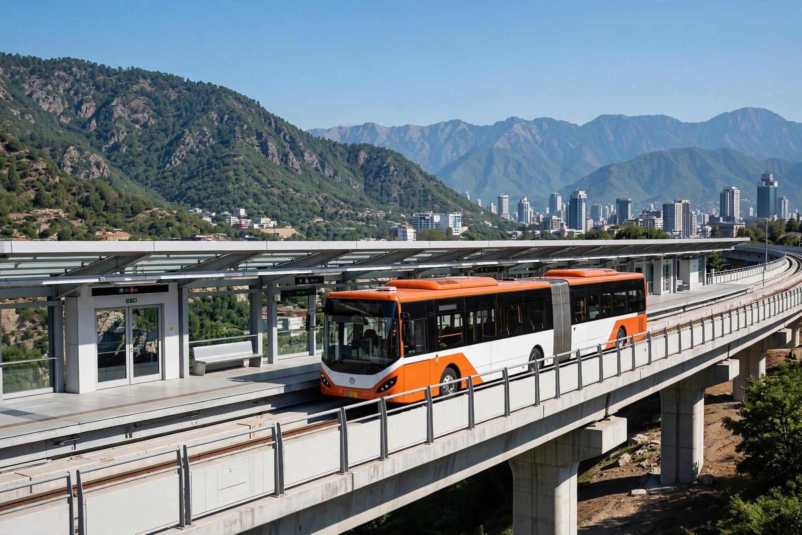 Orange Line metrobus on elevated track near Islamabad with Margalla Hills in the background