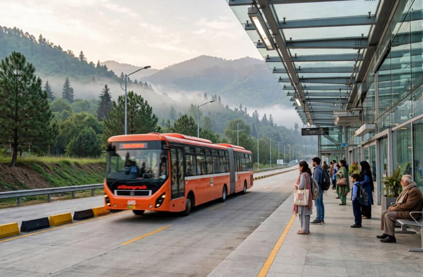 Orange Line metro bus at a station in Islamabad with Margalla Hills in the background
