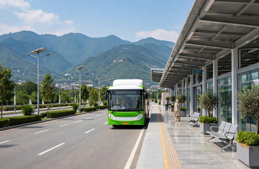 Green electric metro bus at a modern Islamabad bus station with Margalla Hills in the background