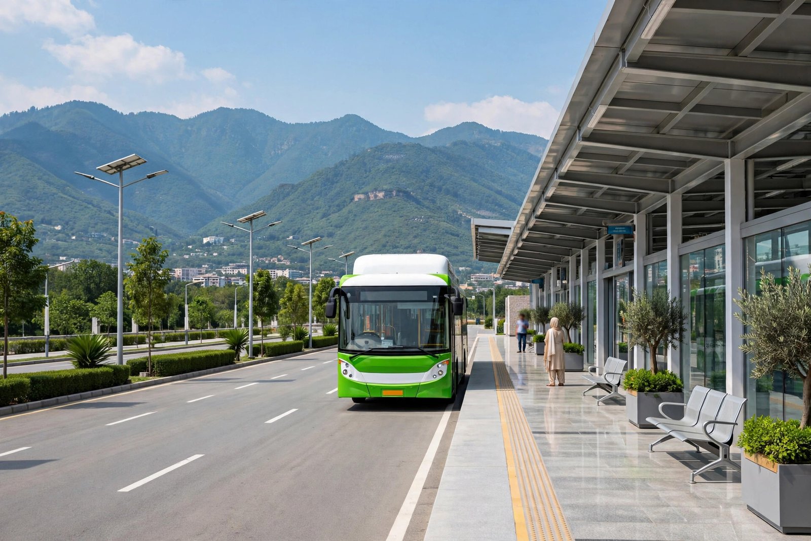 Green electric metro bus at a modern Islamabad bus station with Margalla Hills in the background