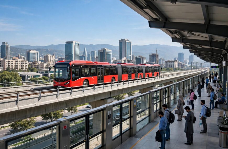 Red metro bus on elevated track at a modern Punjab Mass Transit Authority metro station.