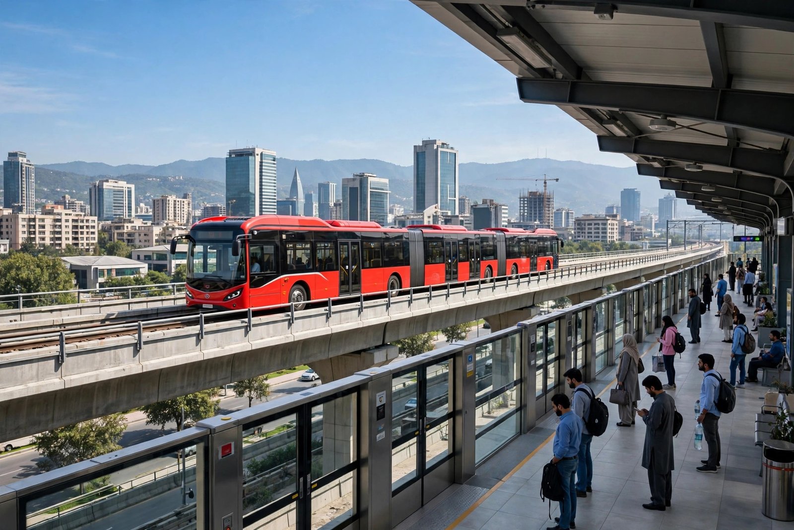 Red metro bus on elevated track at a modern Punjab Mass Transit Authority metro station.